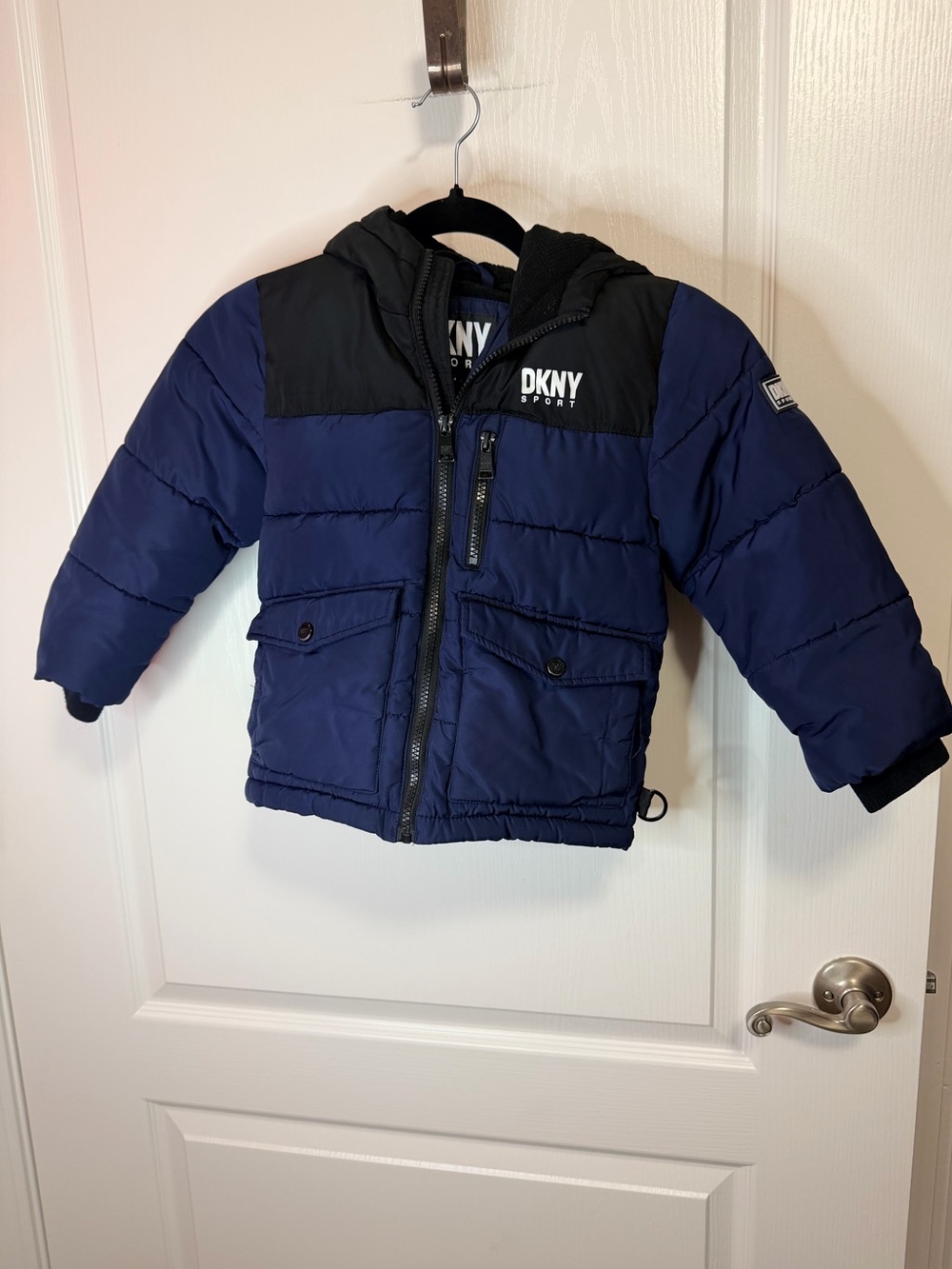 DKNY Navy and Black Hooded Puffer Jacket - Kids